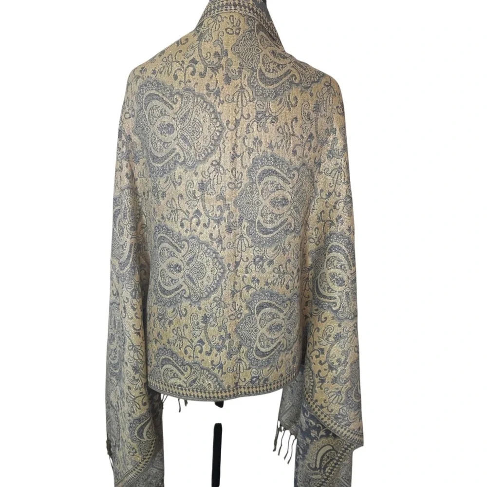 Pashmina Womens Gold Gray Paisley Silk Blend Fringe Reversible Wrap Scarf Shawl